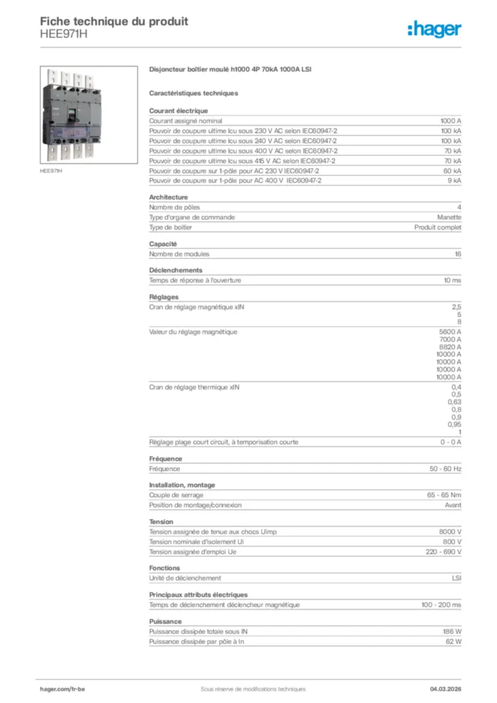 Image Hager Fiche technique du produit HEE971H | Hager Belgique