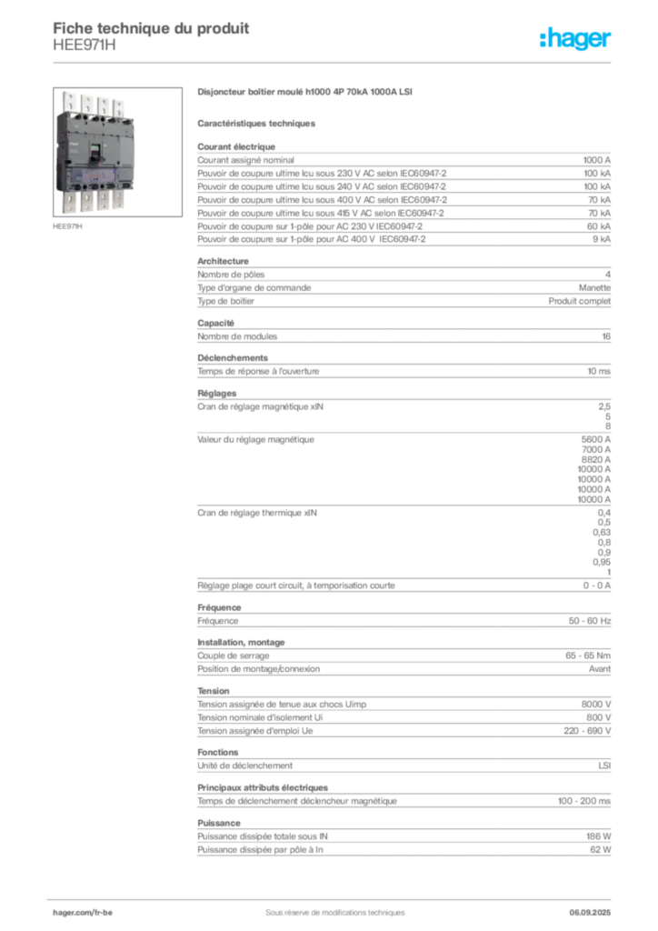 Image Hager Fiche technique du produit HEE971H | Hager Belgique