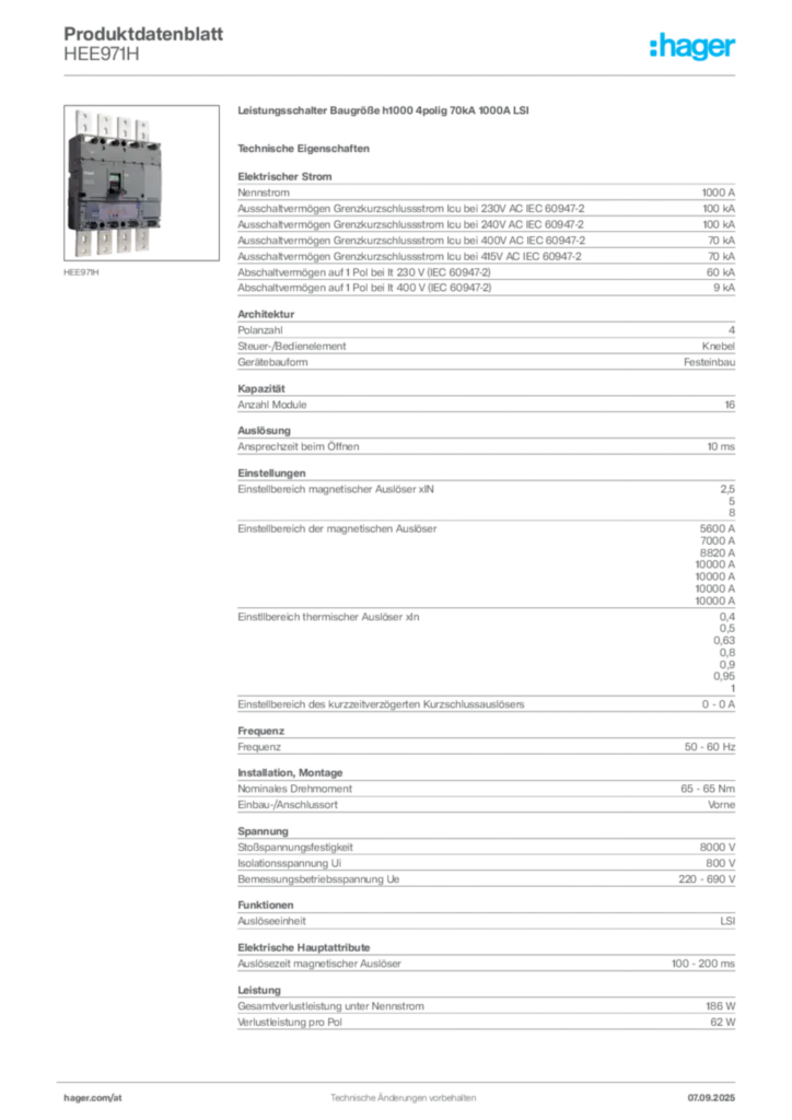 Bild Hager Produktdatenblatt HEE971H | Hager Deutschland