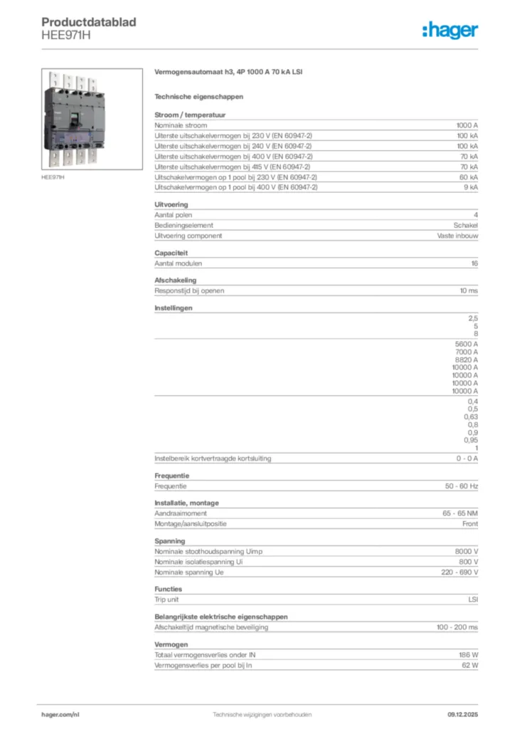 Afbeelding Hager Productdatablad HEE971H | Hager Nederland