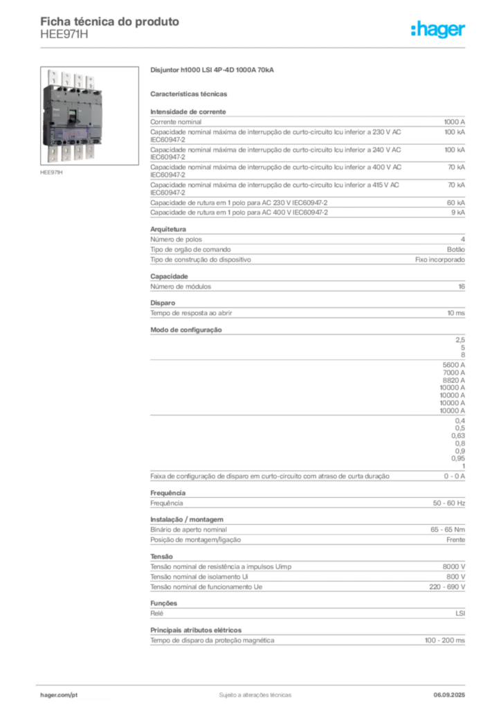 Imagem Hager Ficha técnica do produto HEE971H | Hager Portugal