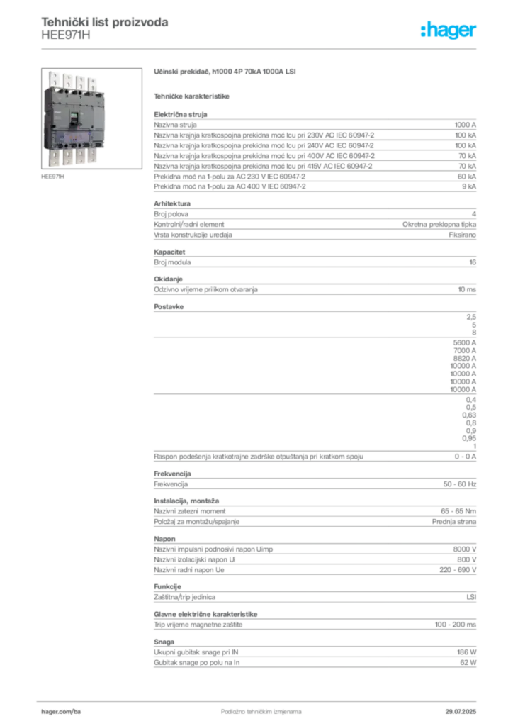Slika Hager Product data sheet HEE971H  | Hager