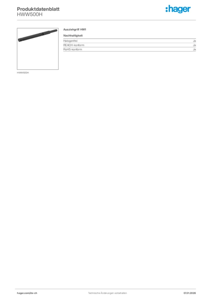 Bild Hager Produktdatenblatt HWW500H | Hager Schweiz