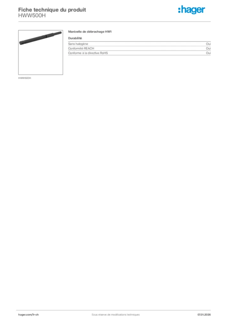 Image Hager Fiche technique du produit HWW500H | Hager Suisse