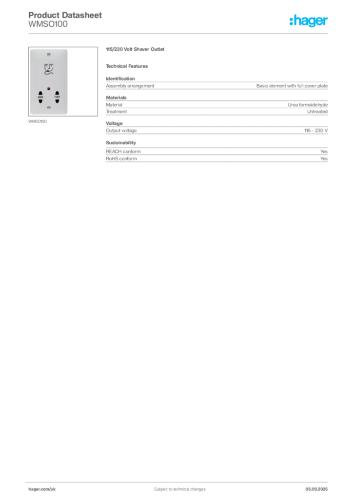 Image Hager Product data sheet WMSO100  | Hager