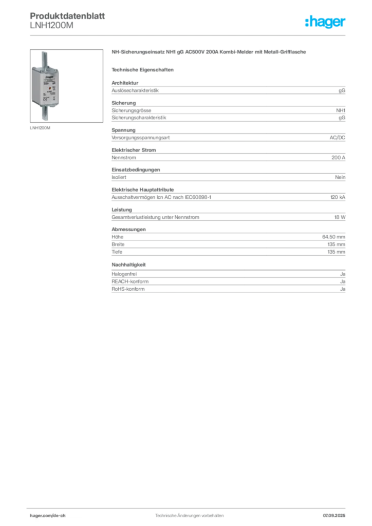 Bild Hager Produktdatenblatt LNH1200M | Hager Schweiz