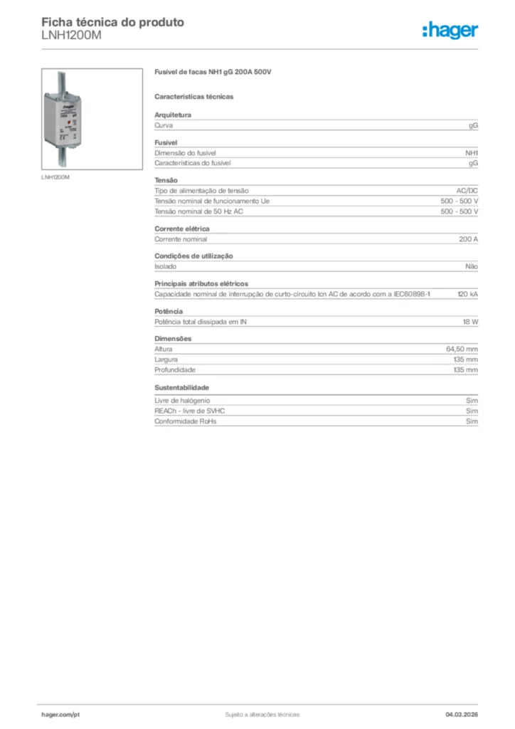Imagem Hager Ficha técnica do produto LNH1200M | Hager Portugal