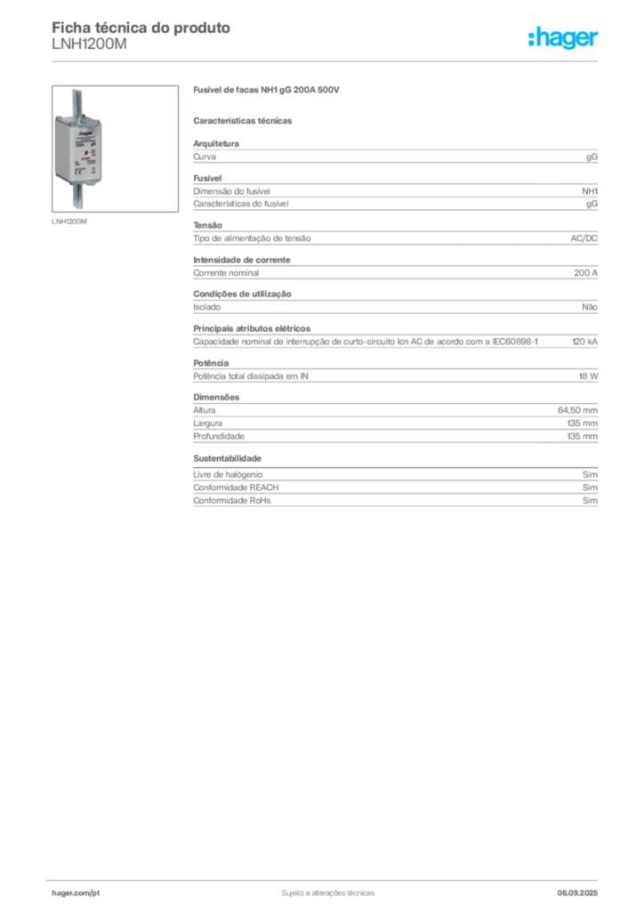 Imagem Hager Ficha técnica do produto LNH1200M | Hager Portugal