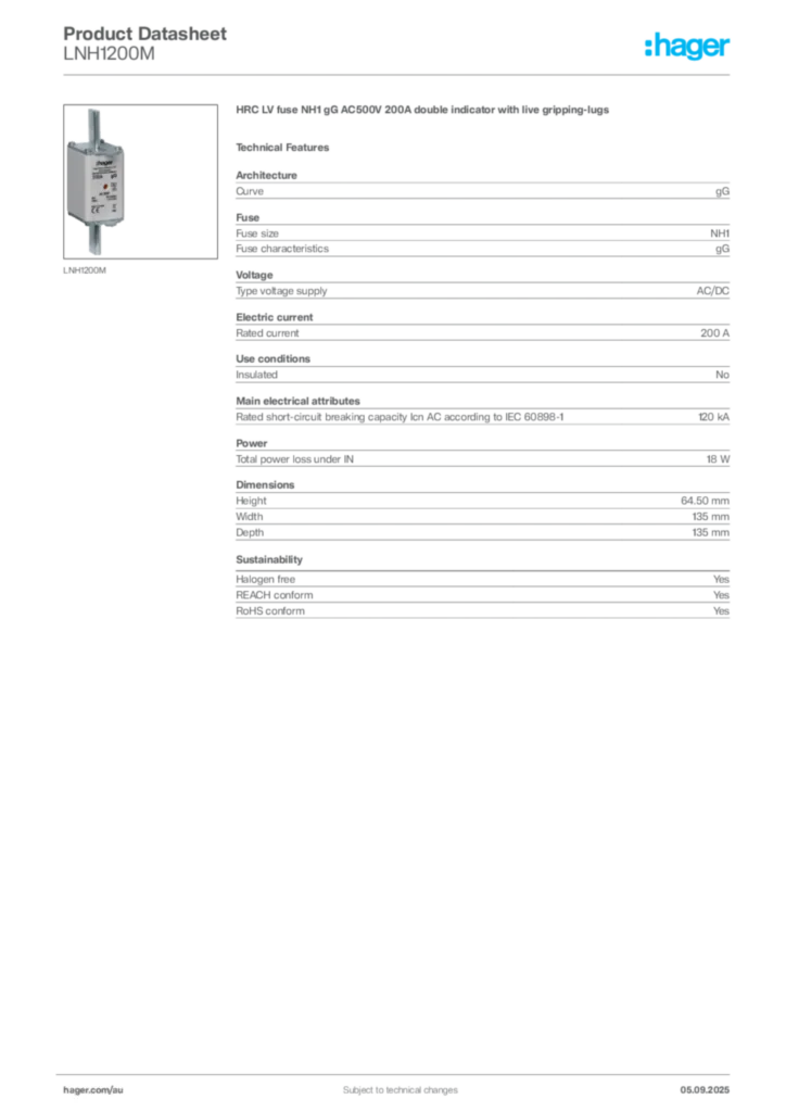 Image Hager Product data sheet LNH1200M  | Hager Australia