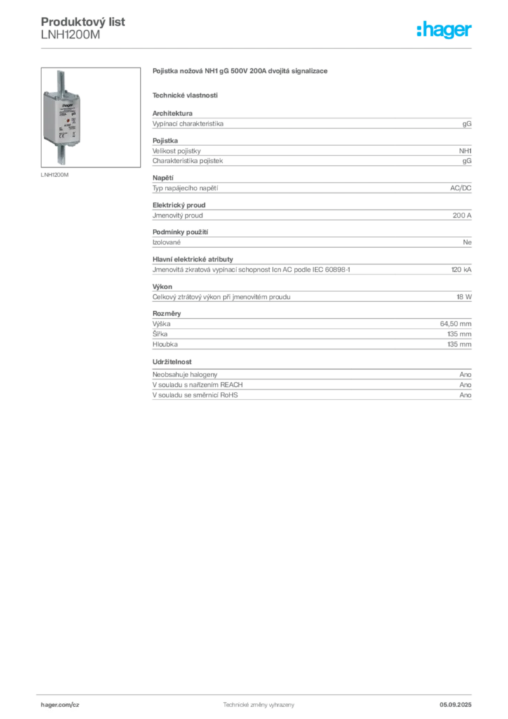 Obrázek Hager Produktový list LNH1200M | Hager