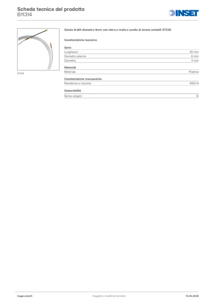 Immagine Inset Scheda tecnica del prodotto B11314 | Hager Italia