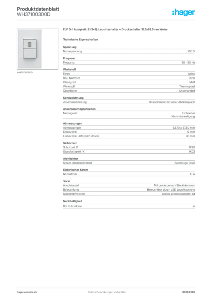 Bild Hager Produktdatenblatt WH37100300D | Hager Schweiz