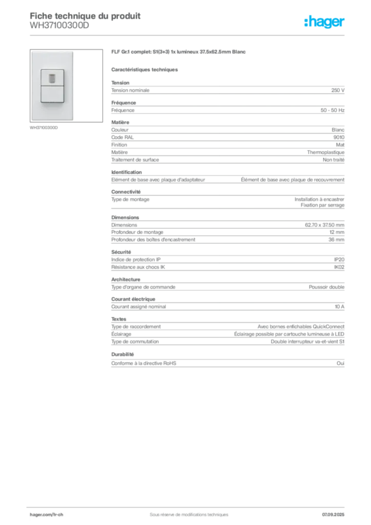 Image Hager Fiche technique du produit WH37100300D | Hager Suisse