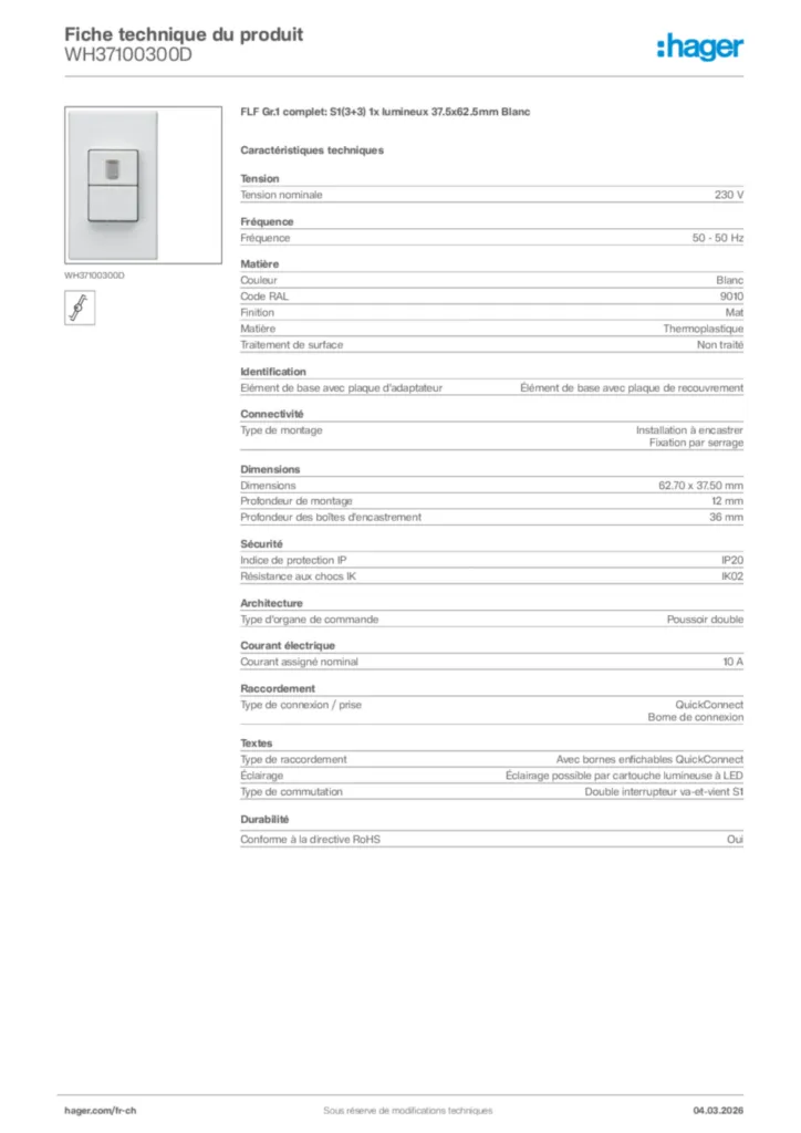 Image Hager Fiche technique du produit WH37100300D | Hager Suisse