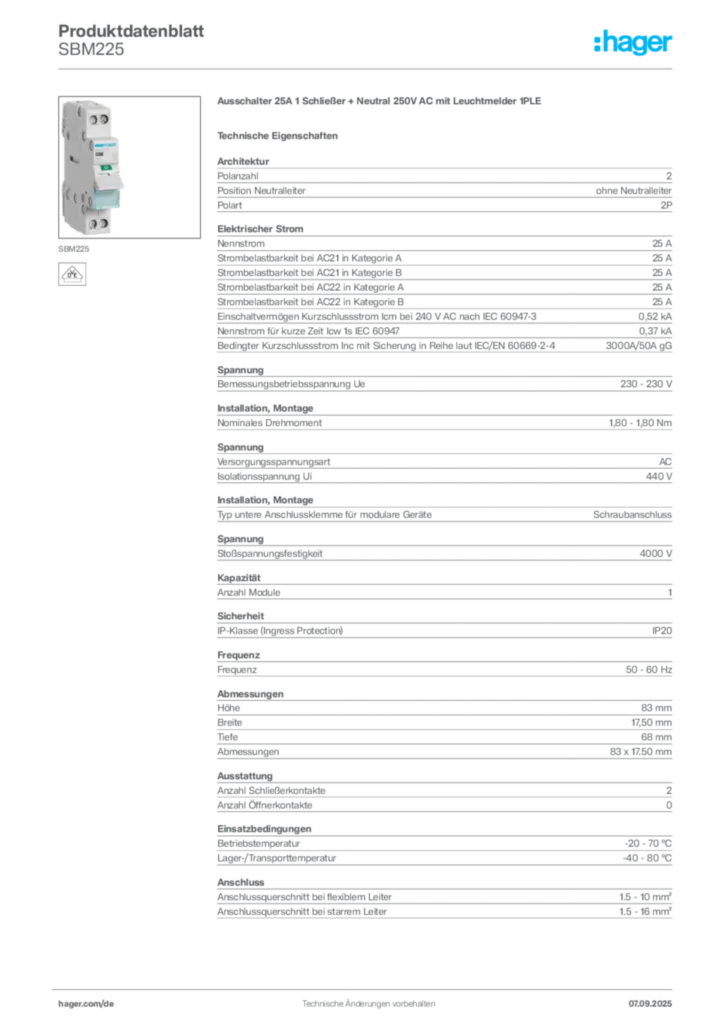 Bild Hager Produktdatenblatt SBM225 | Hager Deutschland