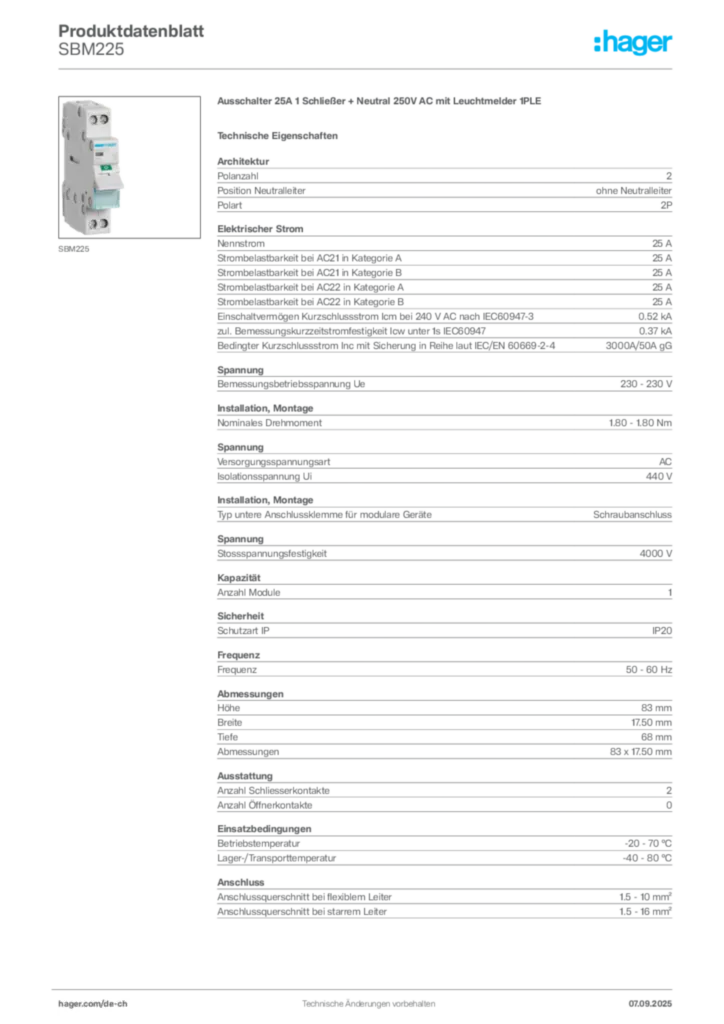 Bild Hager Produktdatenblatt SBM225 | Hager Schweiz