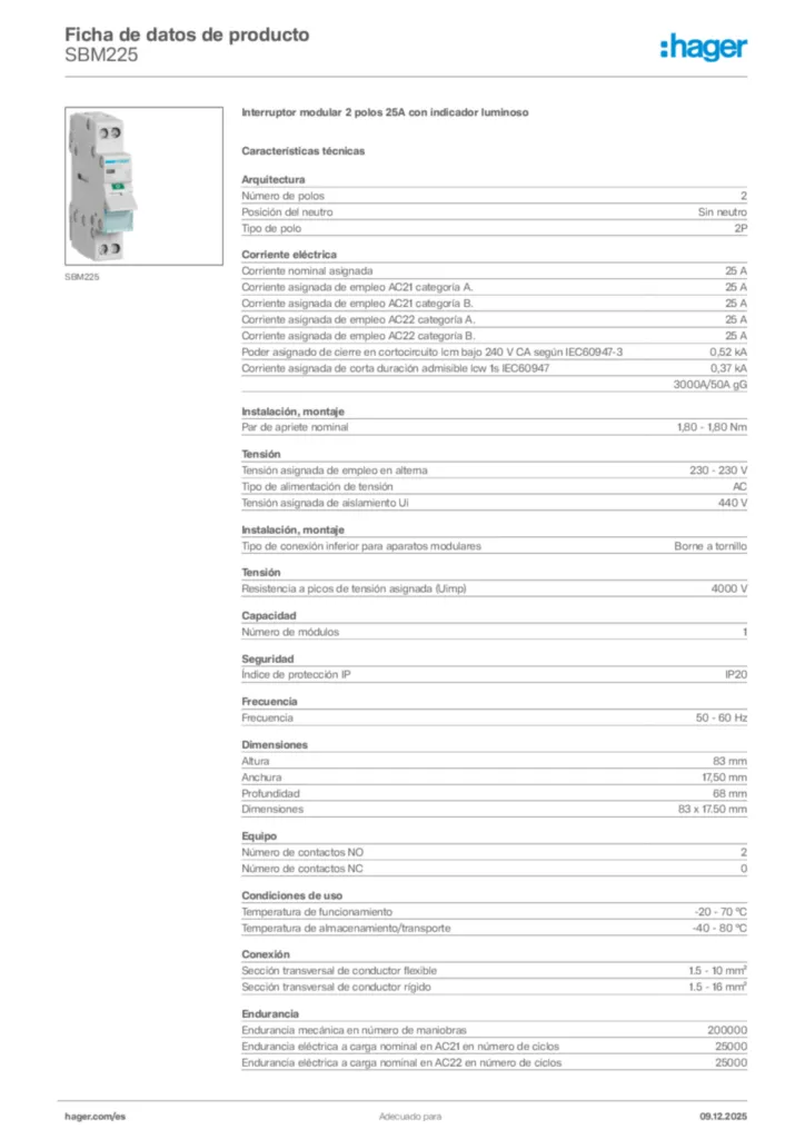 Imagen Hager Ficha de datos de producto SBM225 | Hager España