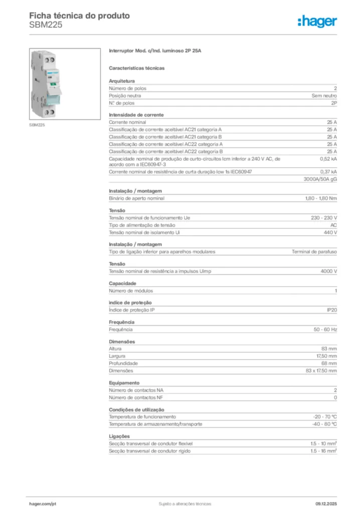 Imagem Hager Ficha técnica do produto SBM225 | Hager Portugal