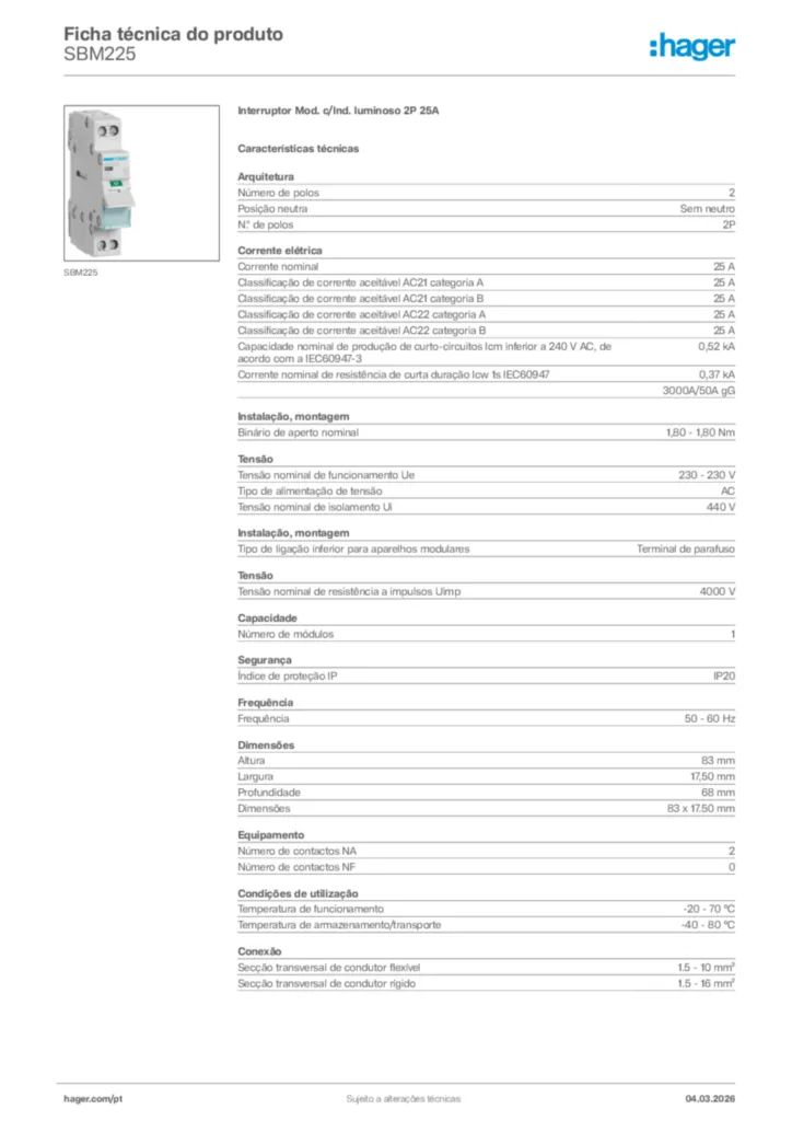 Imagem Hager Ficha técnica do produto SBM225 | Hager Portugal