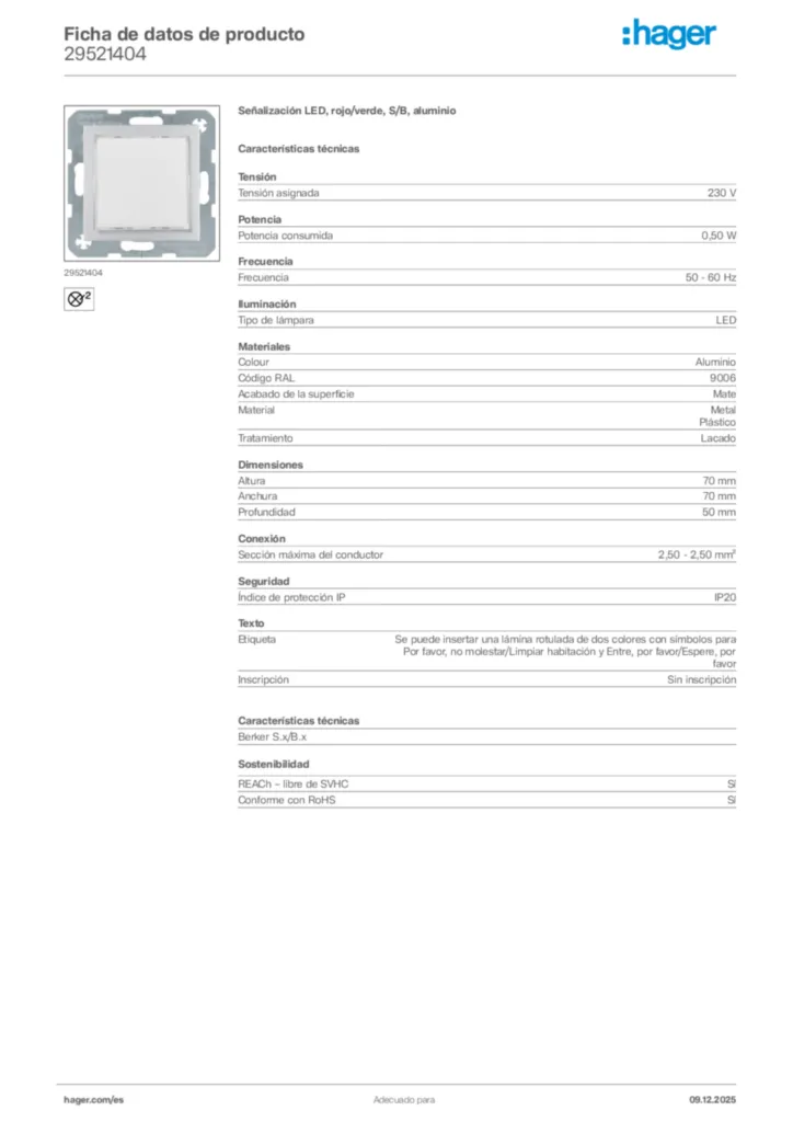 Imagen Hager Ficha de datos de producto 29521404 | Hager España
