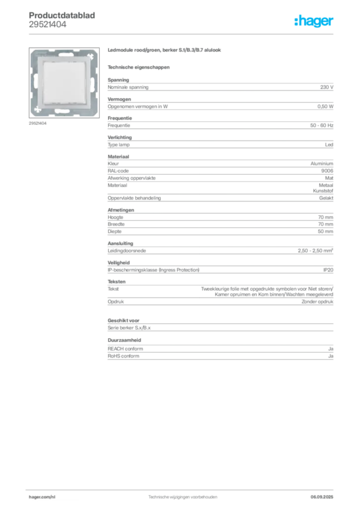 Afbeelding Hager Productdatablad 29521404 | Hager Nederland