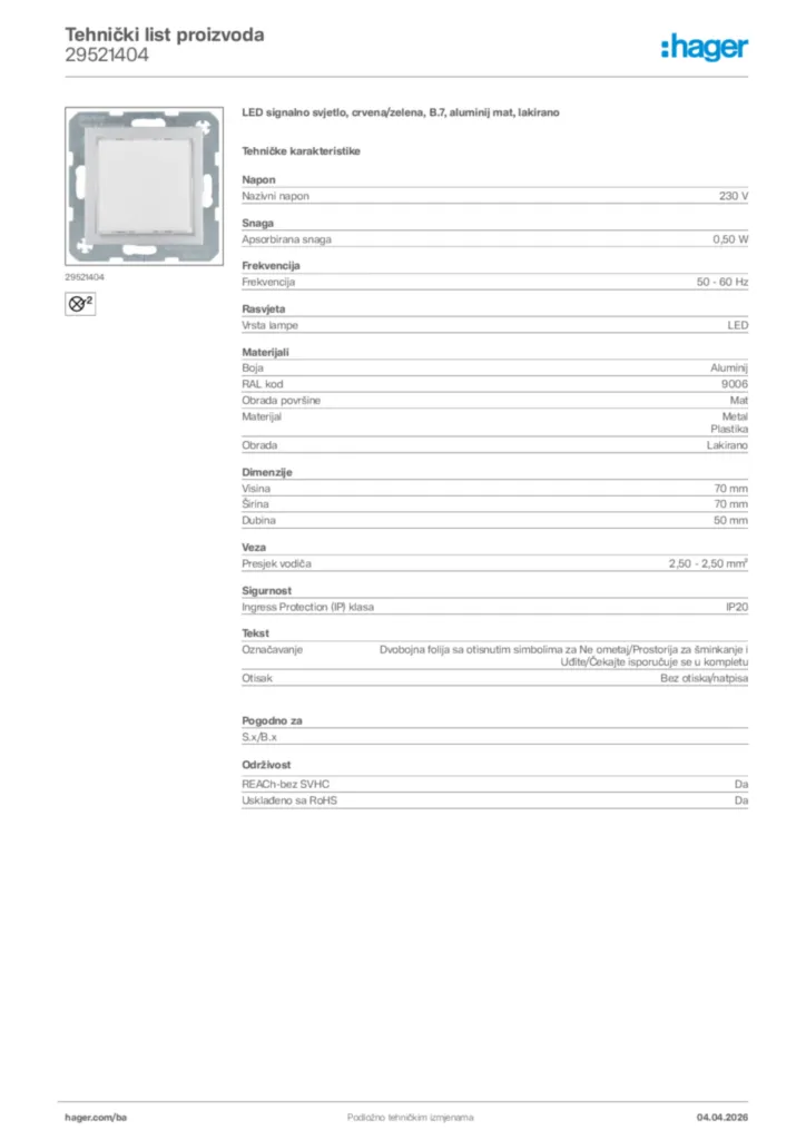 Slika Hager Tehnički list proizvoda 29521404  | Hager