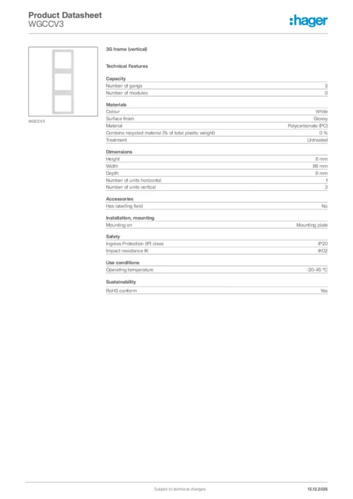 Image Hager Product data sheet WGCCV3  | Hager