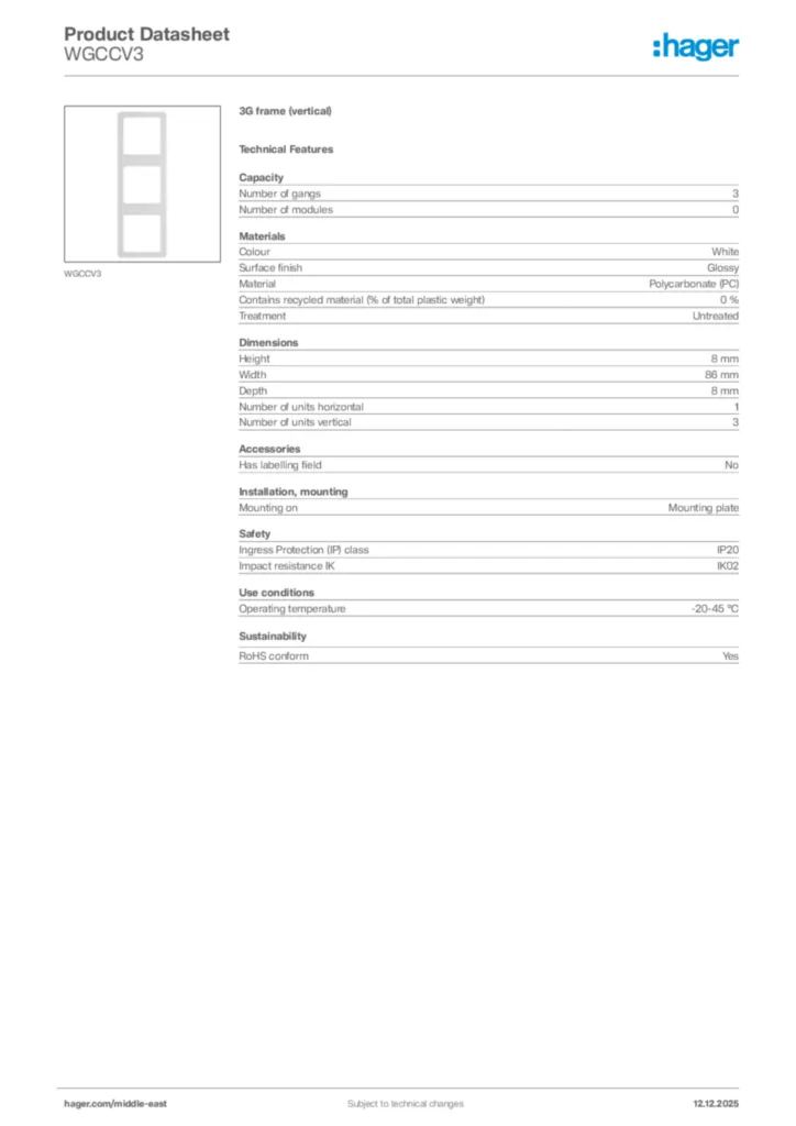 Image Hager Product data sheet WGCCV3  | Hager