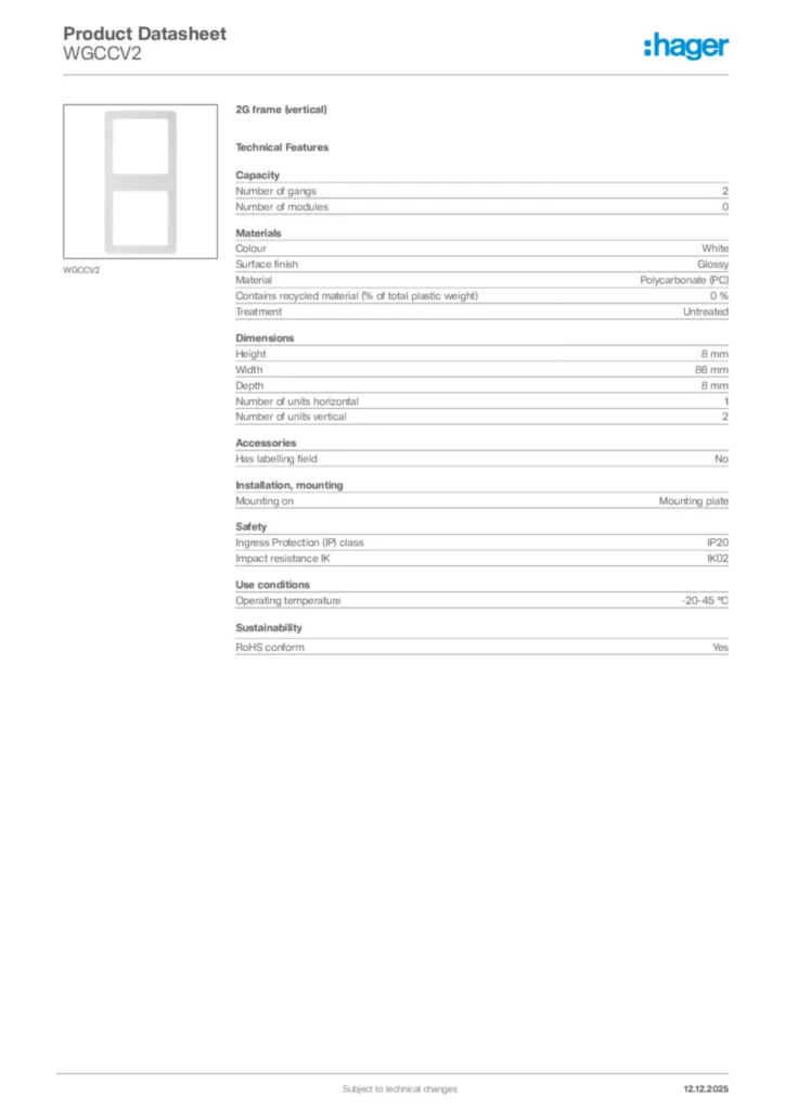 Image Hager Product data sheet WGCCV2  | Hager
