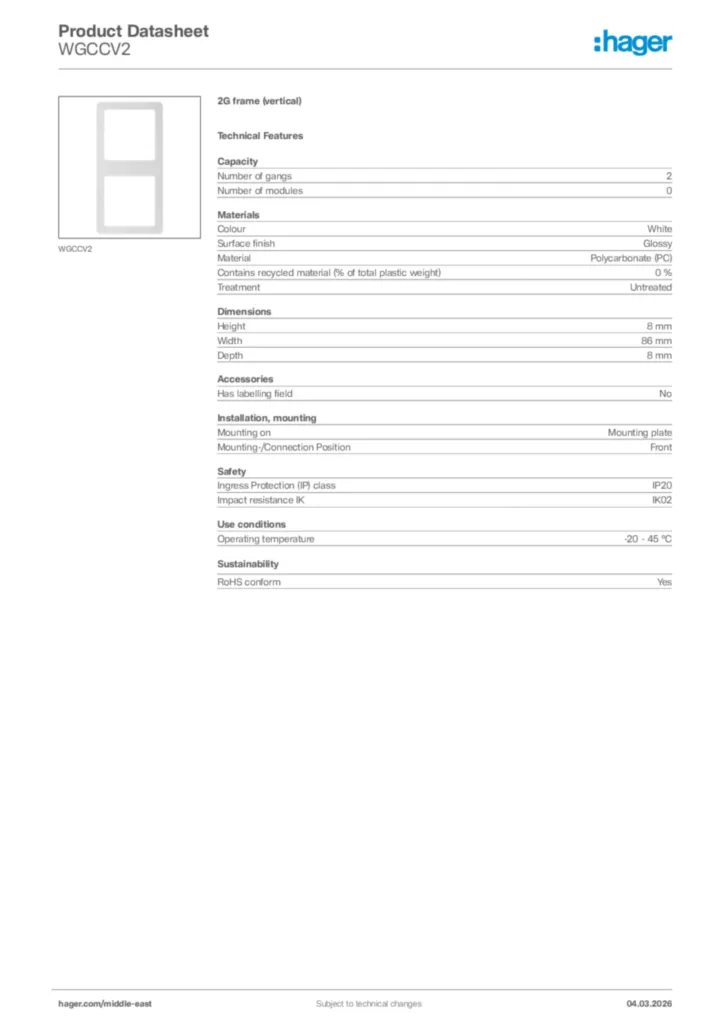 Image Hager Product data sheet WGCCV2  | Hager