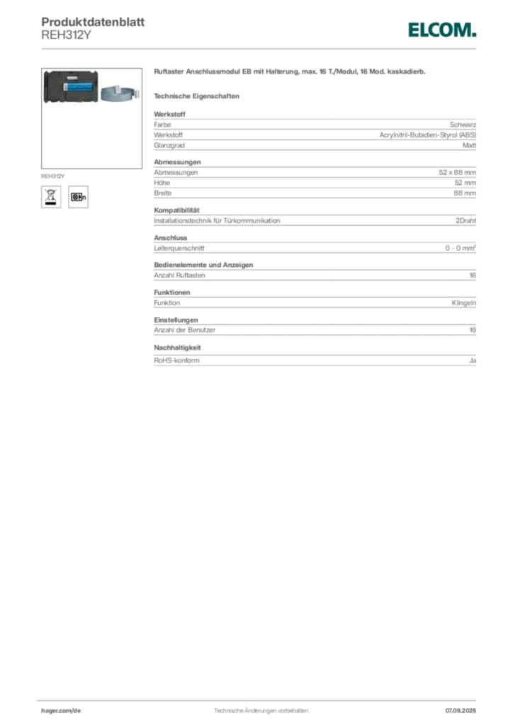 Bild Elcom Produktdatenblatt REH312Y | Hager Deutschland