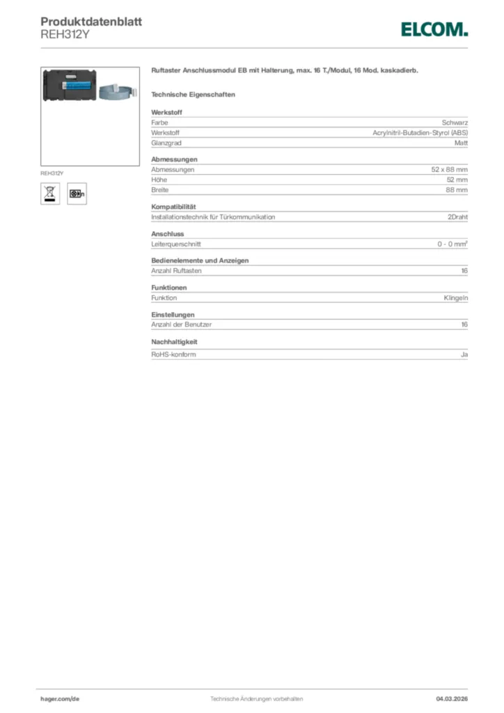 Bild Elcom Produktdatenblatt REH312Y | Hager Deutschland