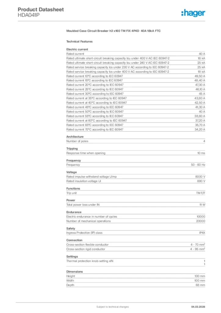 Image Hager Product data sheet HDA041P  | Hager