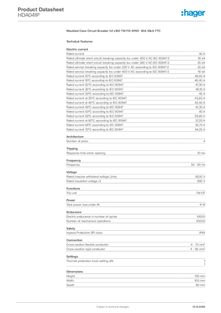 Image Hager Product data sheet HDA041P  | Hager