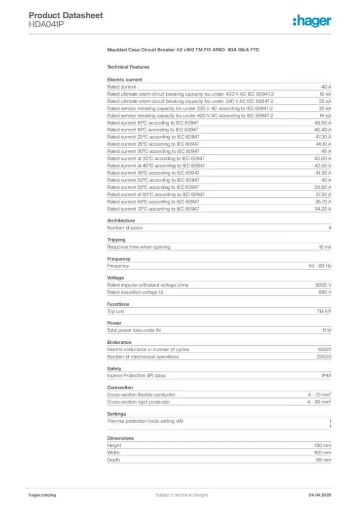 Image Hager Product data sheet HDA041P  | Hager