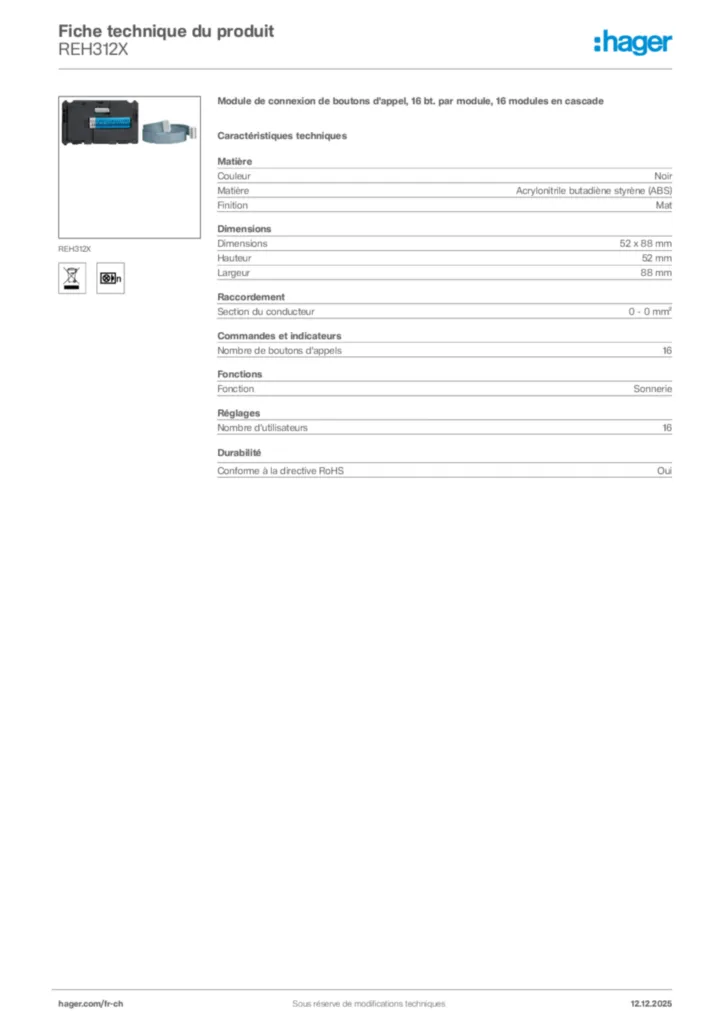Image Hager Fiche technique du produit REH312X | Hager Suisse
