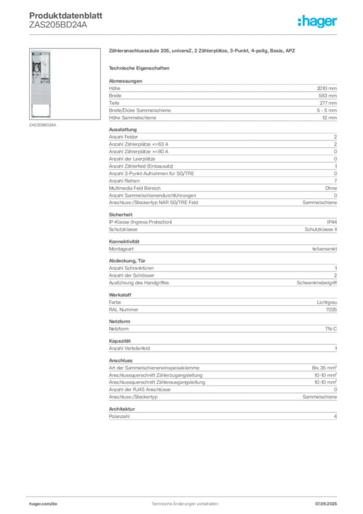 Bild Hager Produktdatenblatt ZAS205BD24A | Hager Deutschland