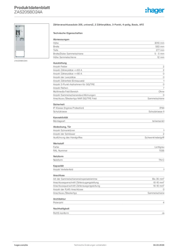 Bild Hager Produktdatenblatt ZAS205BD24A | Hager Deutschland