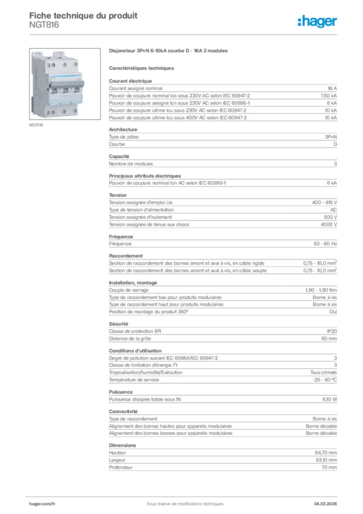 Image Hager Fiche technique du produit NGT816 | Hager France