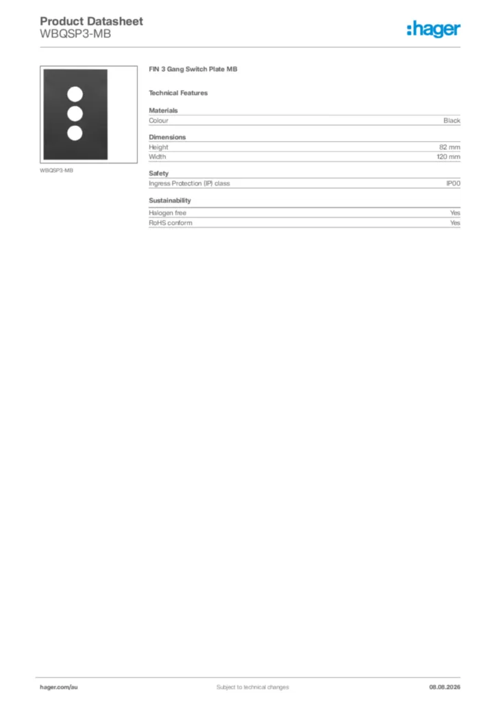 Image Hager Product data sheet WBQSP3-MB  | Hager Australia