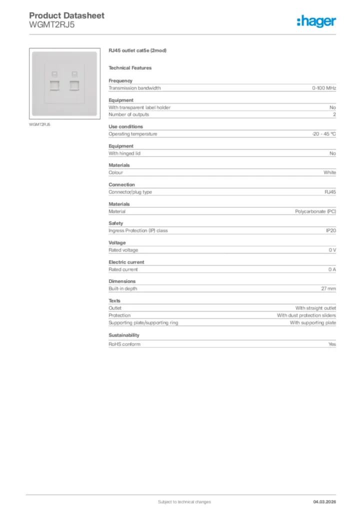 Image Hager Product data sheet WGMT2RJ5  | Hager