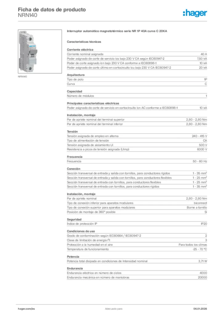 Imagen Hager Ficha de datos de producto NRN140 | Hager España