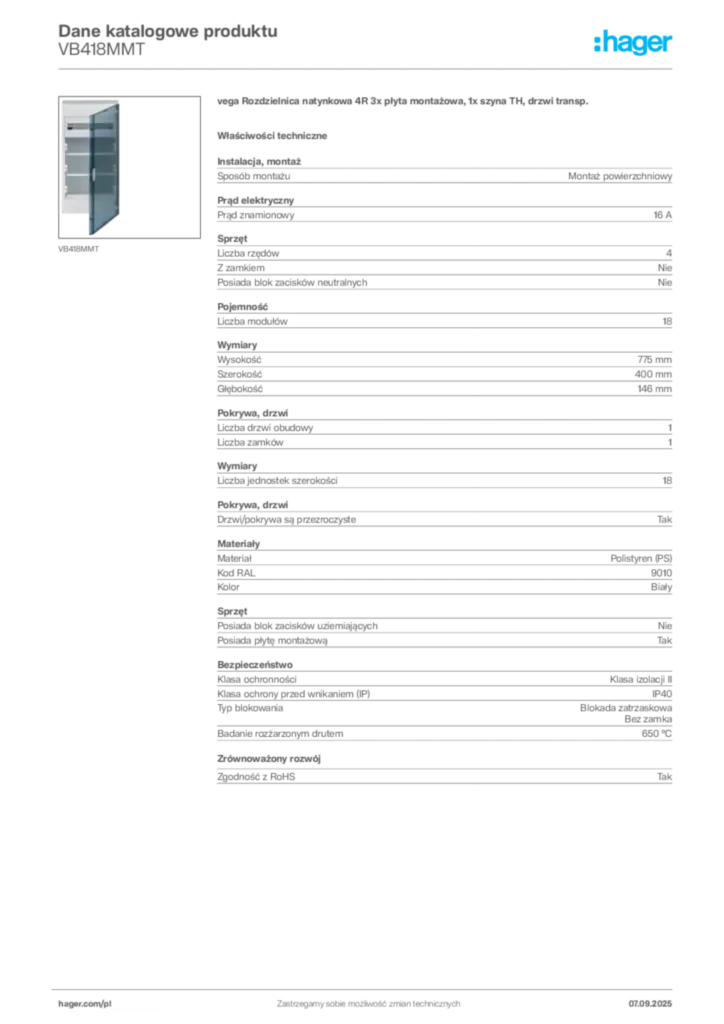 Zdjęcie Hager Dane katalogowe produktu VB418MMT | Hager Polska