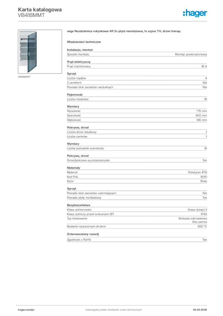 Zdjęcie Hager Karta katalogowa VB418MMT | Hager Polska