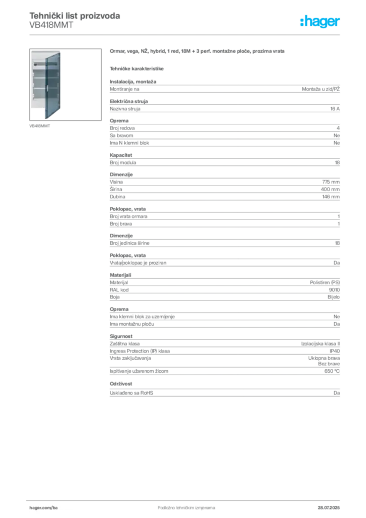 Slika Hager Product data sheet VB418MMT  | Hager