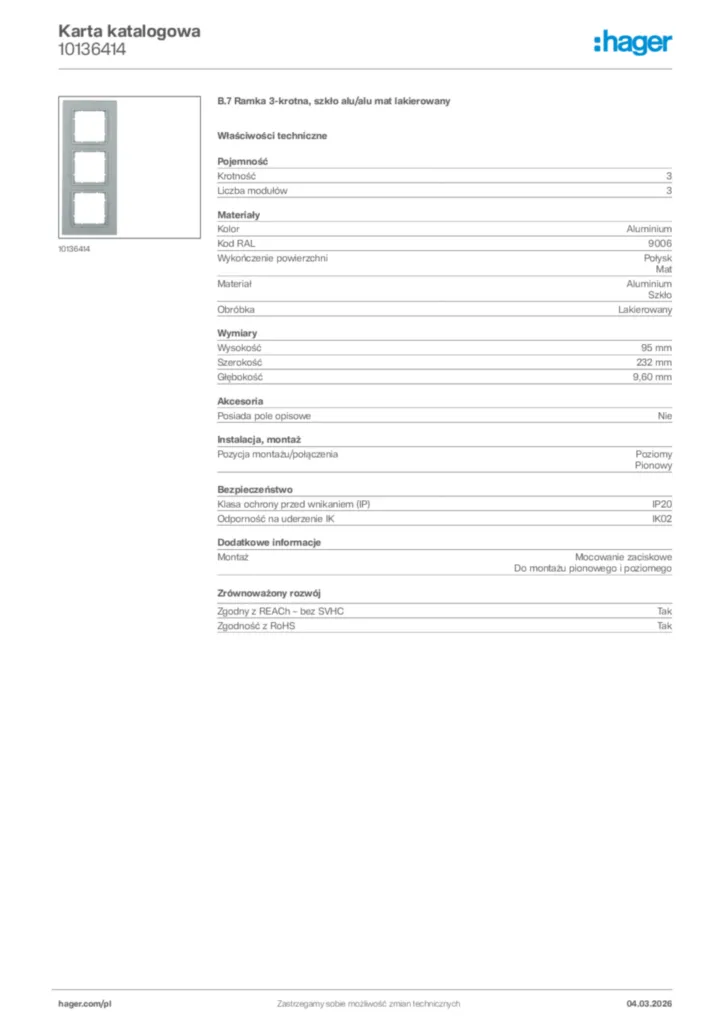 Zdjęcie Hager Karta katalogowa 10136414 | Hager Polska