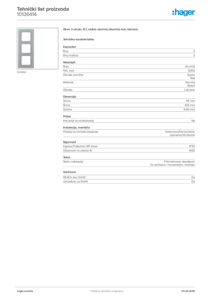 Slika Hager Tehnički list proizvoda 10136414  | Hager