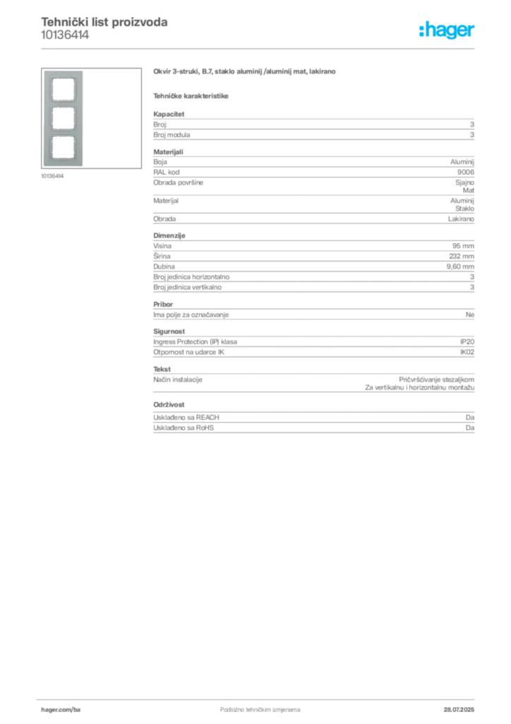 Slika Hager Product data sheet 10136414  | Hager