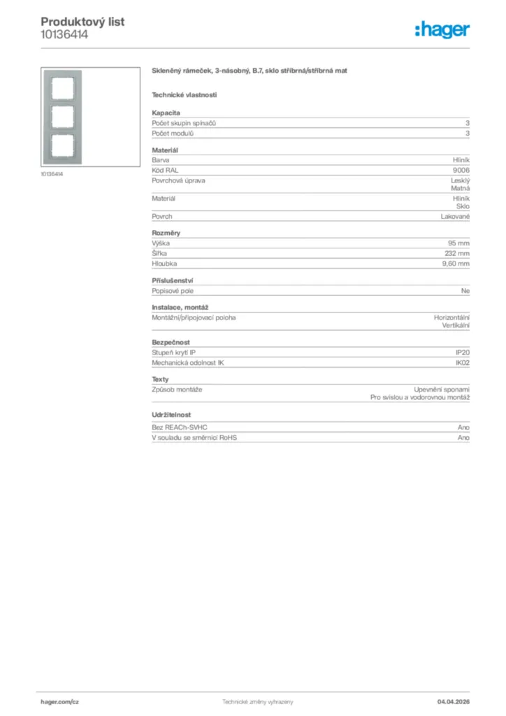 Obrázek Hager Product data sheet 10136414 | Hager