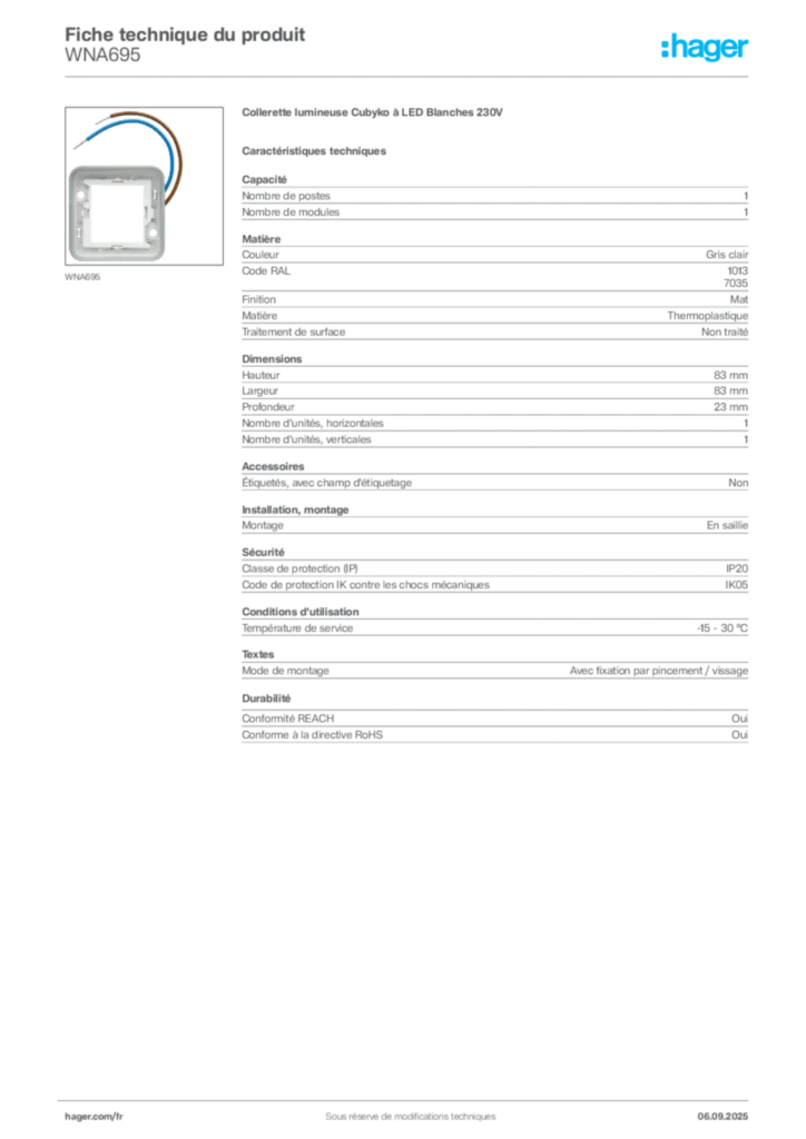 Image Hager Fiche technique du produit WNA695 | Hager France
